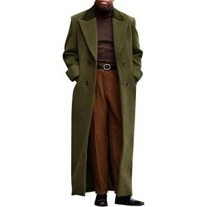 Men's Army Green Full-Length Double-Breasted Trench Coat with Notched Lapel